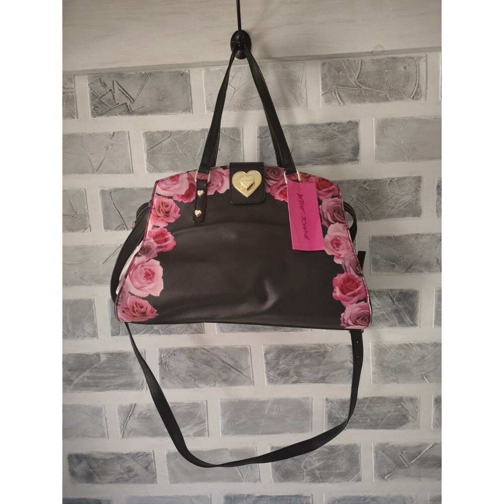 New Betsy Johnson Satchel Purse in Black with Varied Pink Roses Cottage Core Y2K - Picture 2 of 15